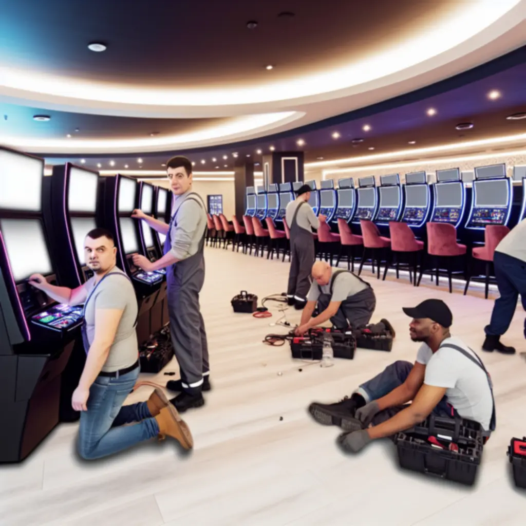 Technikusok játékgépeket telepítenek modern játékteremben