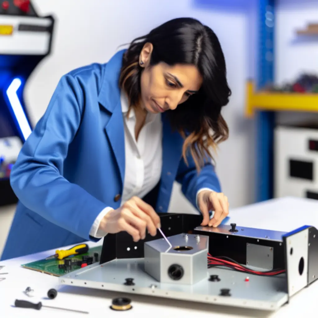 Felújítás alatt álló játékgép-alkatrészek munkapadon