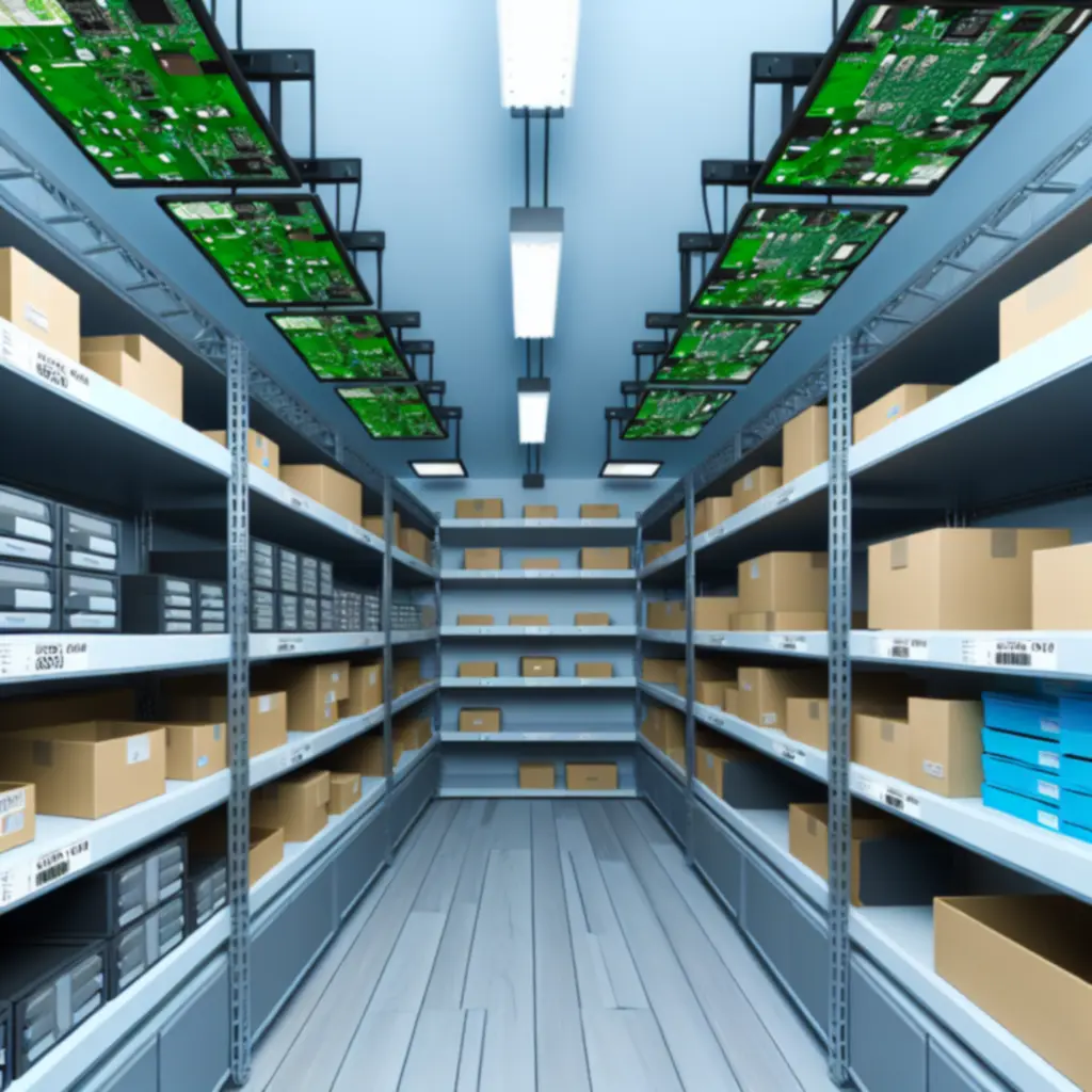 Játékgép-alkatrészekkel teli raktár polcai