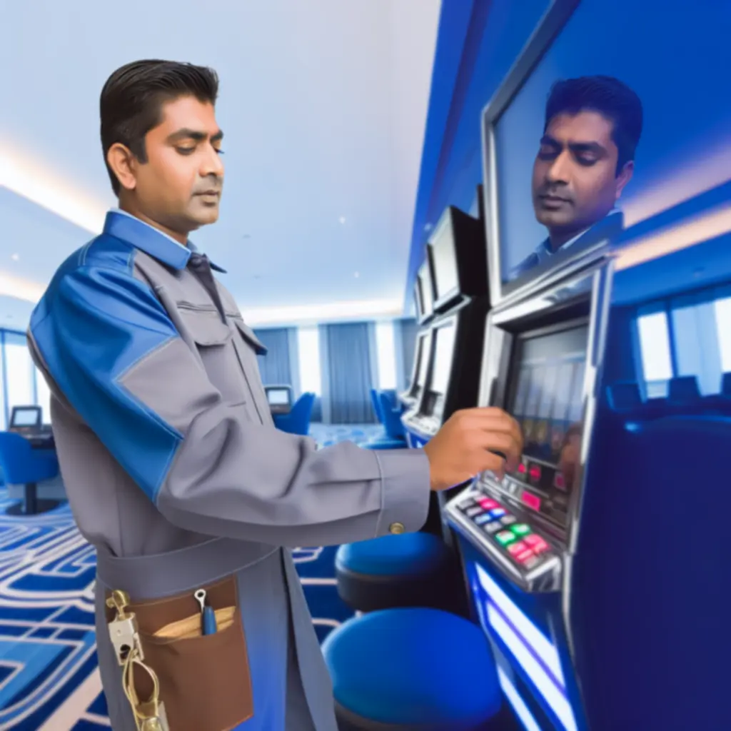 Szerviztechnikus helyszíni karbantartást végez egy játékgépen